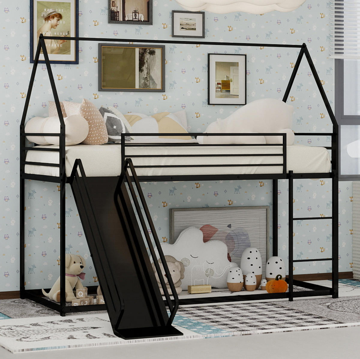ETAGENBETT 180/200 cm schwarz aus Eisen mit Rutsche und Spielhausdesign - Schwarz, Metall (180/200cm) - OKWISH