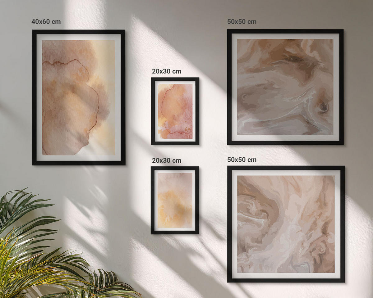 BILDER SET 5er Set - 50x50 cm & 20x30 cm & 40x60 cm Schwarzer Rahmen - Warme Aquarellfarben auf Leinwand - Schwarz, Kunststoff (40/60cm) - TULUP