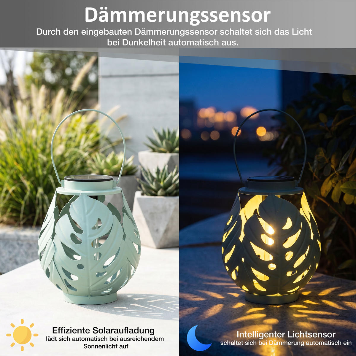 LED-LATERNE Gartenleuchte COB-LED Metall Ø 19 x 22 cm ELBLIGHT Monstera-Blätter - Mintgrün, Metall (19/19/22cm) - Northpoint