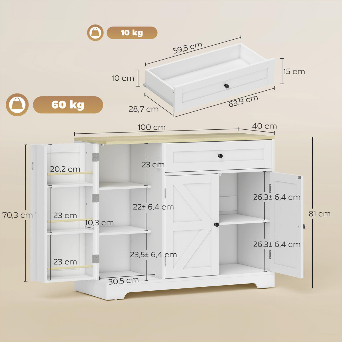KOMODA MDF bílá - bílá/černá, kov/kompozitní dřevo (40/81/100cm) - HOMCOM