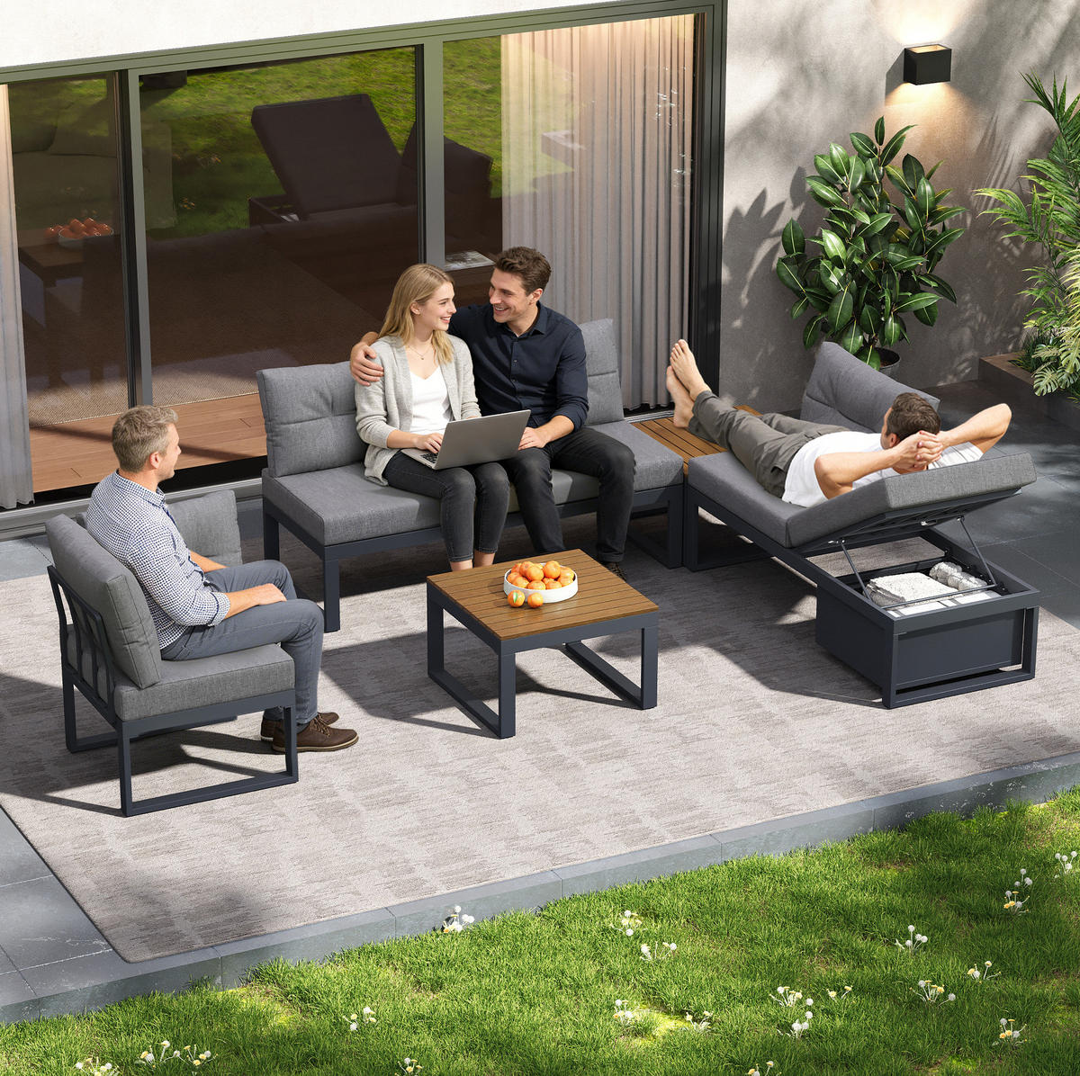 GARTENMÖBELSET modular mit Liegefunktion 191,5 x 191,5 cm Grau - Grau, Metall - Beauniv