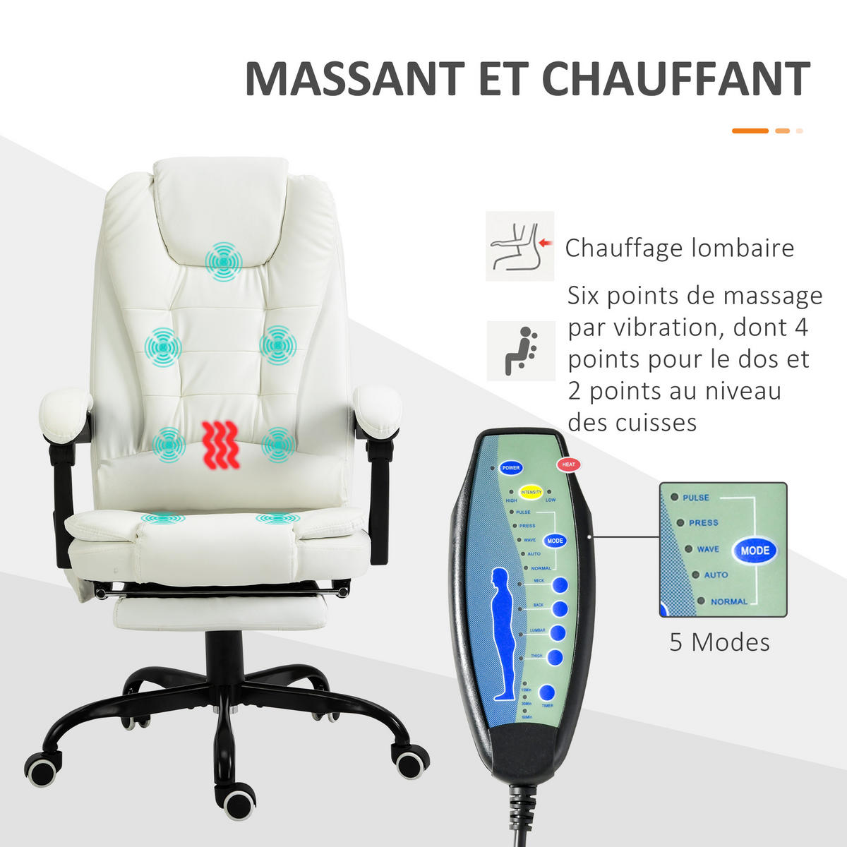 CHEFSESSEL DE-11646 ergonomisch mit Massagefunktion & Fußstütze Weiß - Weiß, Metall (79/121/67cm) - ComfortXL