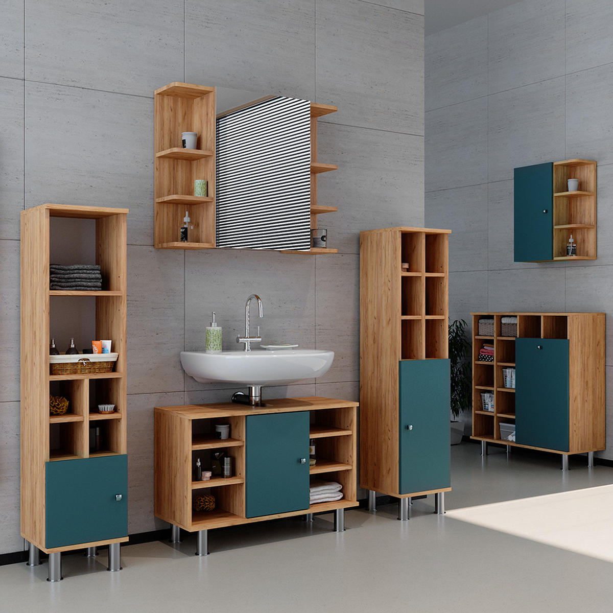 BADMÖBEL-SET Fynn Grün 3 Teile, mit Midischrank Tür klein - Honigeiche/Grün, Holzwerkstoff (60/54/32cm) - Vicco
