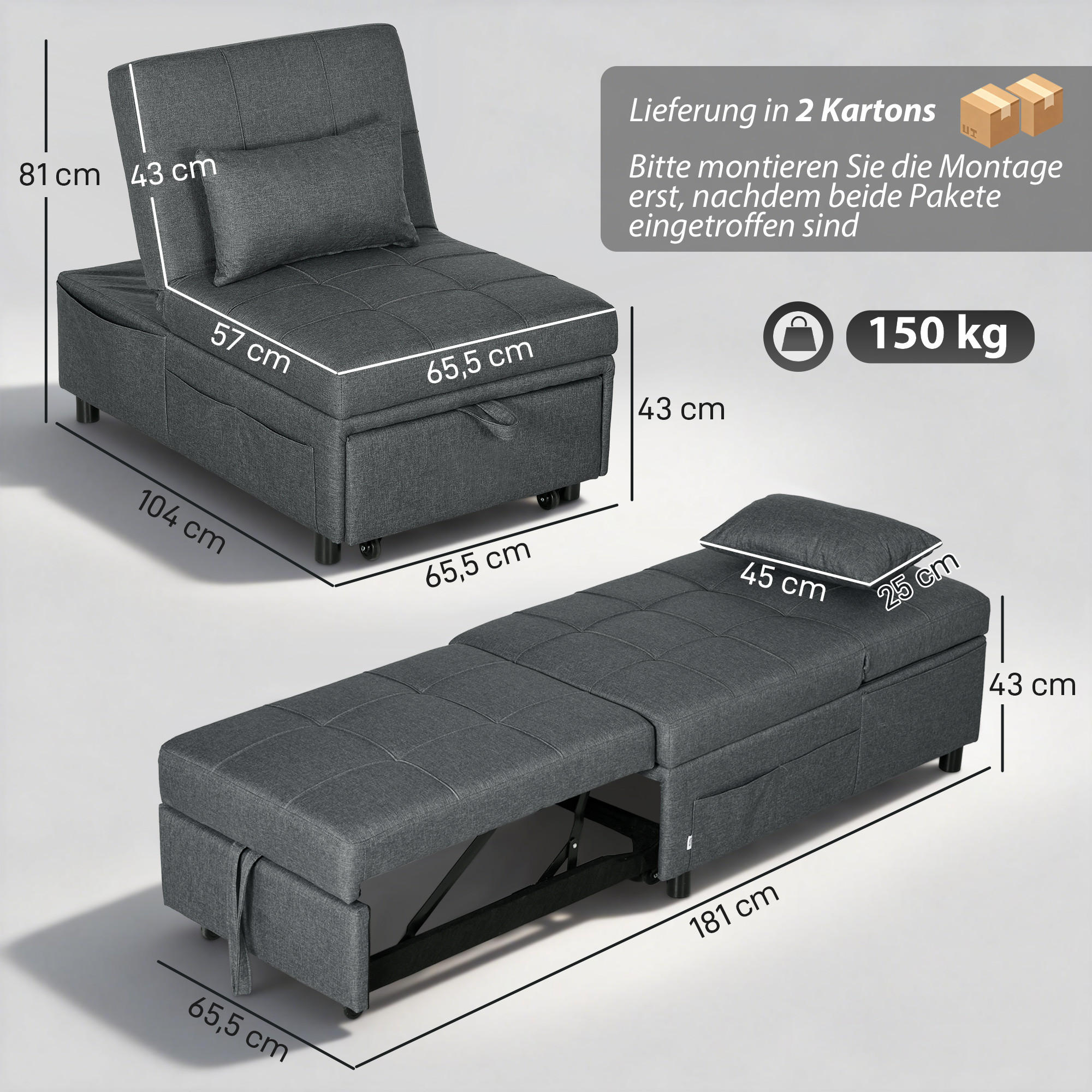 ComfortXL Schlafsofa Grau 181x43x65.5 cm
