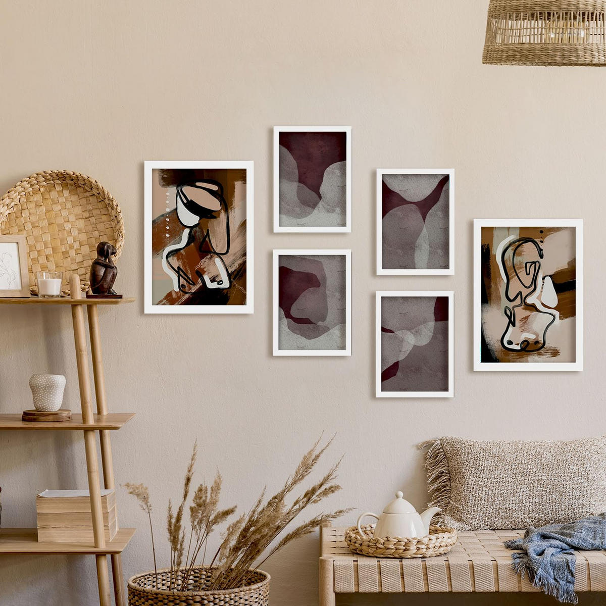 POSTER Set Mit 6 Nachkommenskunst In Weibliche Zusammenfassung Ästhetische Dekorative Gemälde Für Ihr Wohnzimmer Zuhause A3 & A4 Weißer Rahmen - Weiß, Papier (29/3cm) - Nacnic