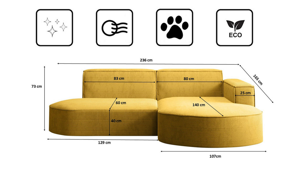 ECKSOFA Modena Studio, Cord Stoff Gelb Rechts - Gelb, Holzwerkstoff/Textil (236/165cm) - Kaiser Möbel