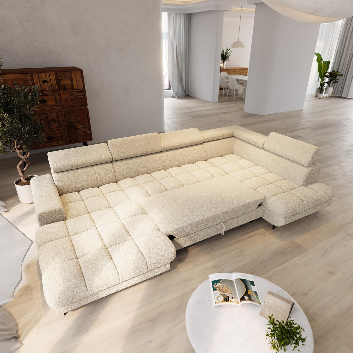 WOHNLANDSCHAFT CORENO Creme Boucle-Stoff mit Schlaffunktion - Creme, Holz (345/88/190cm) - MASSENO