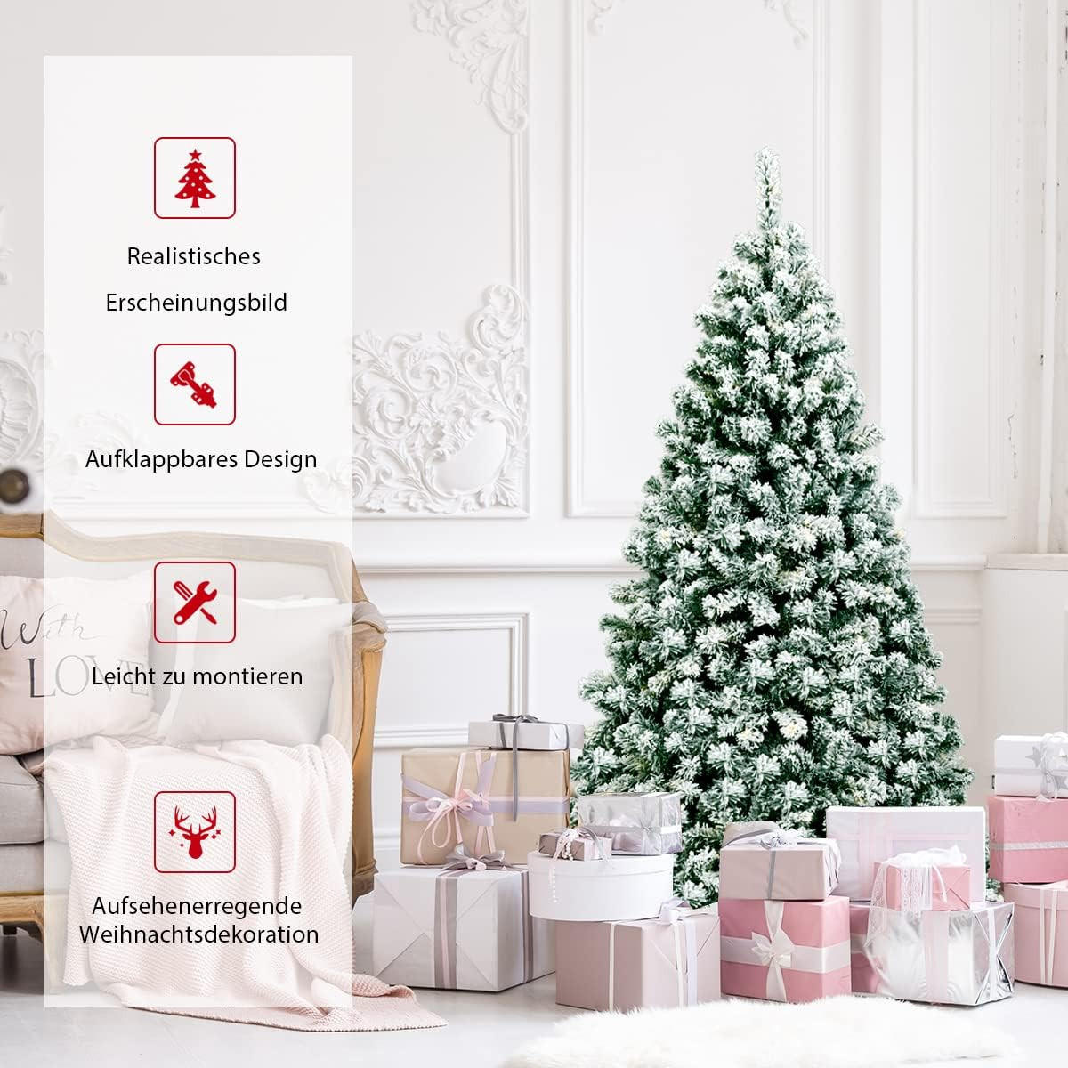WEIHNACHTSBAUM mit Schnee und warmweissen LED-Lichtern 180cm Grün - Grün, Metall (180cm) - COSTWAY
