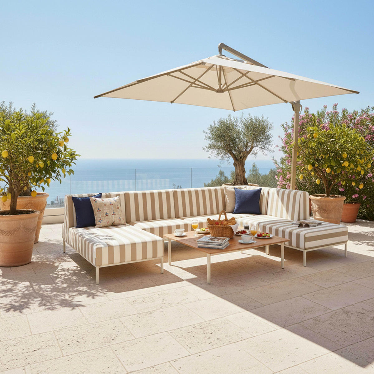 GARTENSOFA mit 6 Sitzplätzen, Beige - Beige, Metall - Oviala