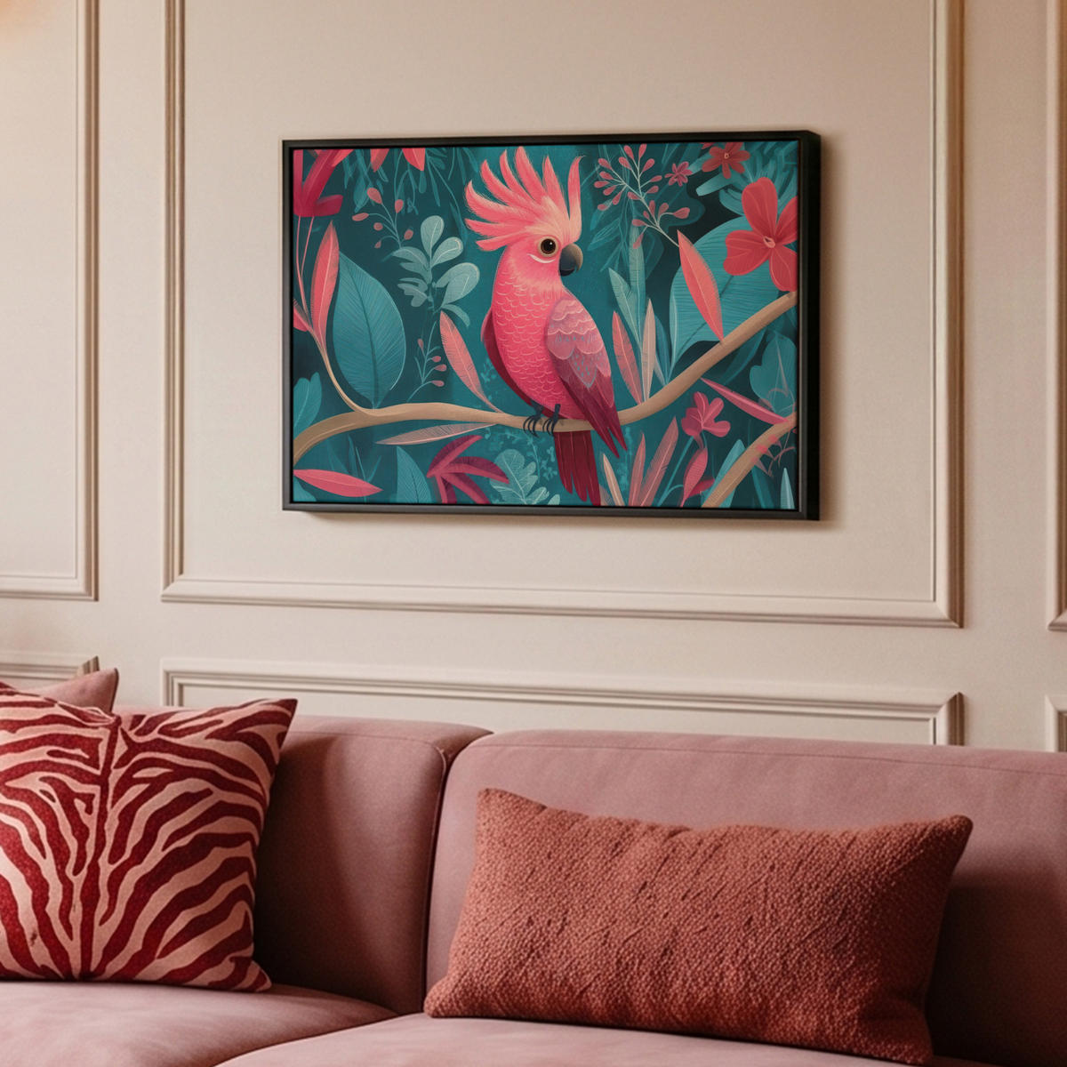 LEINWAND Bilder mit Rahmen - Kakadu - Tropische Blätter - Zweig - 60x40 - Petrol, Textil (60/40cm) - MuchoWow