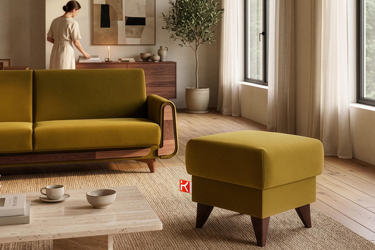 HOCKER GUSTAVO Fußstütze, Velours, Gelb - Gelb, Holz/Holzwerkstoff (53/49/53cm) - KONSIMO®