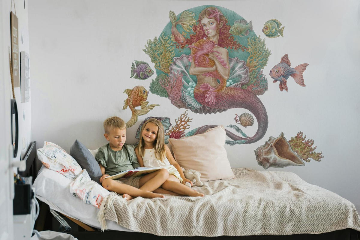 WANDAUFKLEBER 100x99cm - Meerjungfrauen-Zeichentrickwelt - Multicolor, Kunststoff (100/99/0.1cm) - Wallfluent