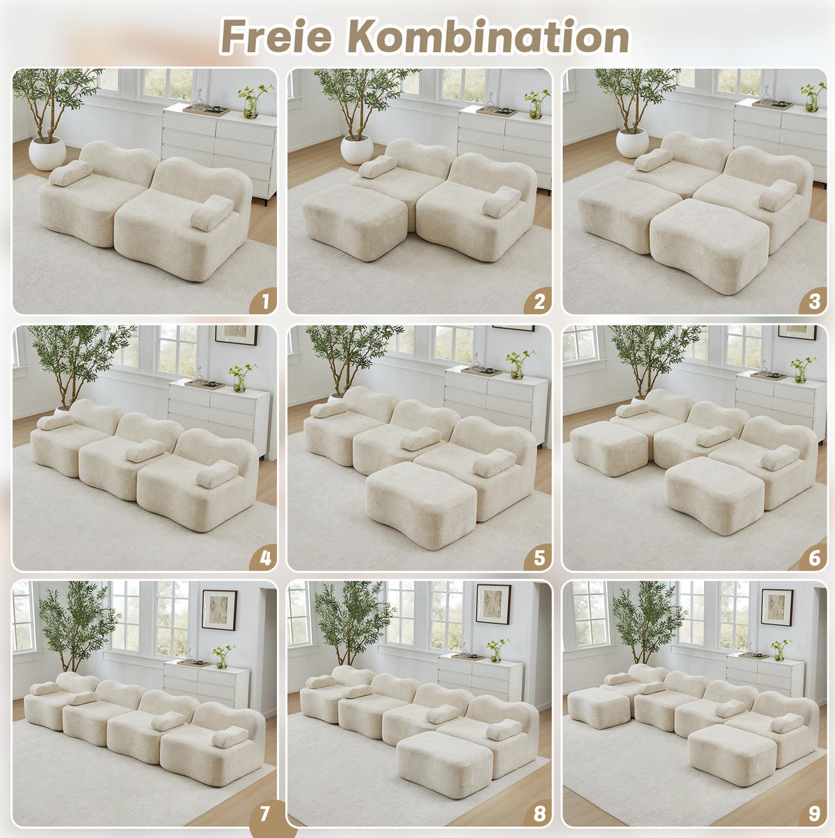 SOFA 192/167/70 cm in Beige aus Samt mit Hockern - Beige, Textil (167/70/192cm) - Flora Grace