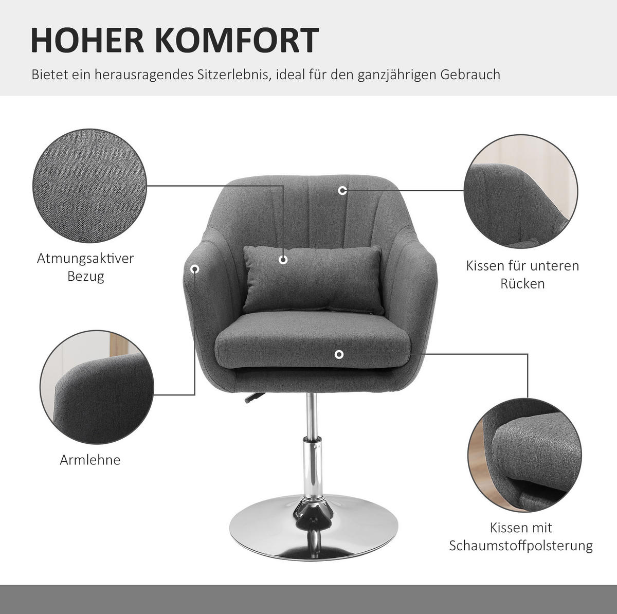 DREHSTUHL in Dunkelgrau 60x60x91 cm, höhenverstellbar mit Armlehnen - Dunkelgrau, Textil (60/91/60cm) - IVMEU