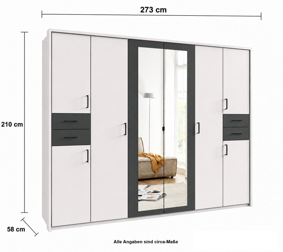 DREHTÜRENSCHRANK Kleiderschrank B273/H210/T58 cm Schubkästen & Passepartout & 2 Spiegeltüren, Weiß mit Absetzungen in Grafit, Griffe schwarz / 22578 - Schwarz/Graphitfarben, Holzwerkstoff/Kunststoff (273/210/58cm) - luma-home