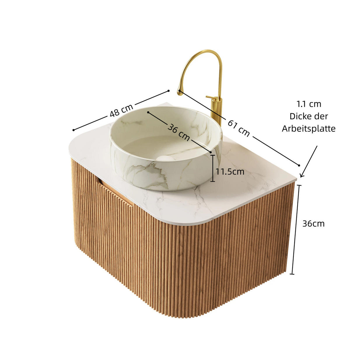 WASCHTISCHKOMBI 61x48x49.1 cm Naturholz & Weiß aus Keramik & Sintered Stone mit 3D-Streifen - Naturfarben, Stein (48/49.1/61cm) - Modfu