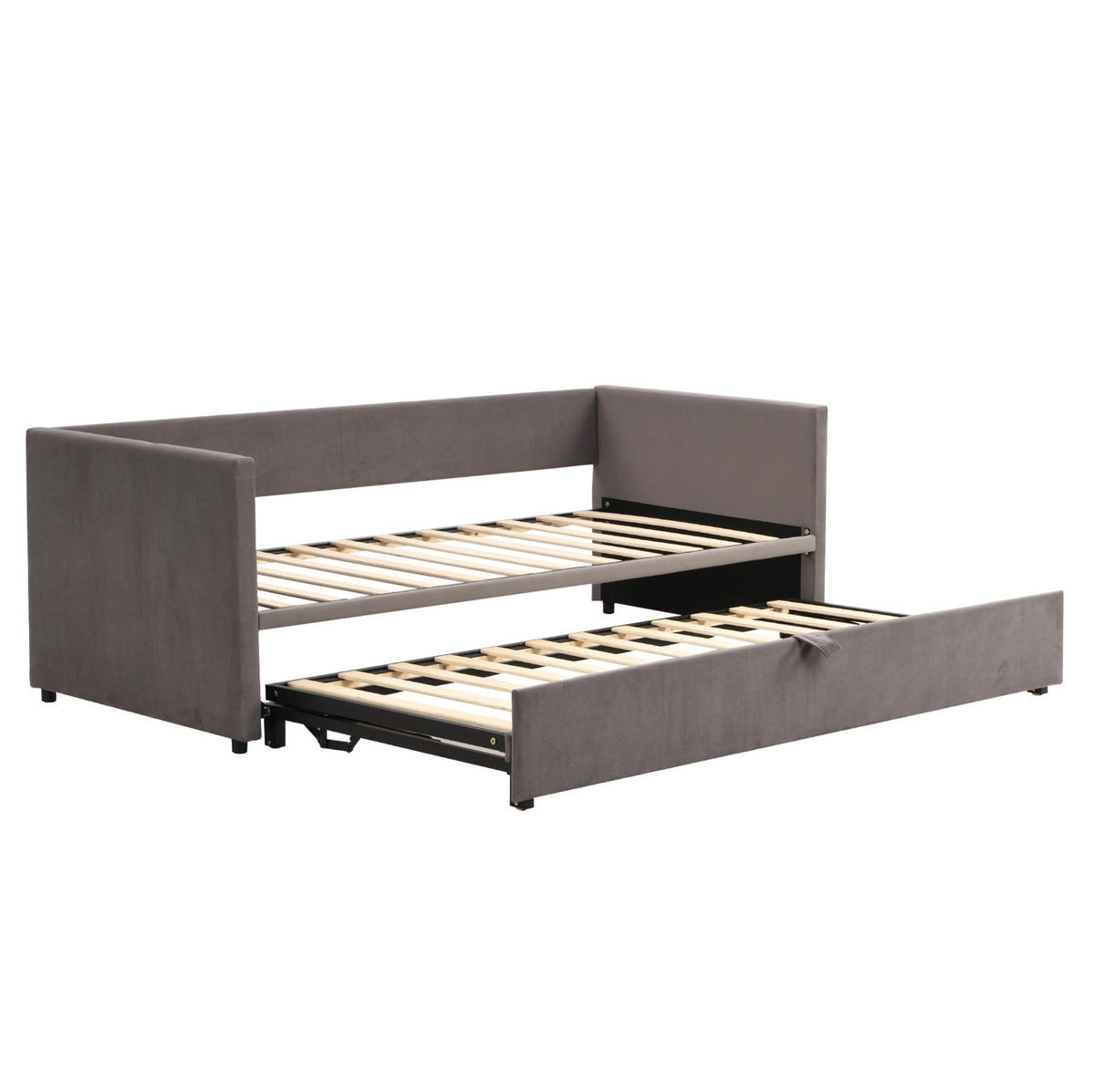 POLSTERBETT 90/200 cm aus Samt mit ausziehbarem Bettkasten und Lattenrost Grau - Grau, Textil (90/200cm) - Modenvie