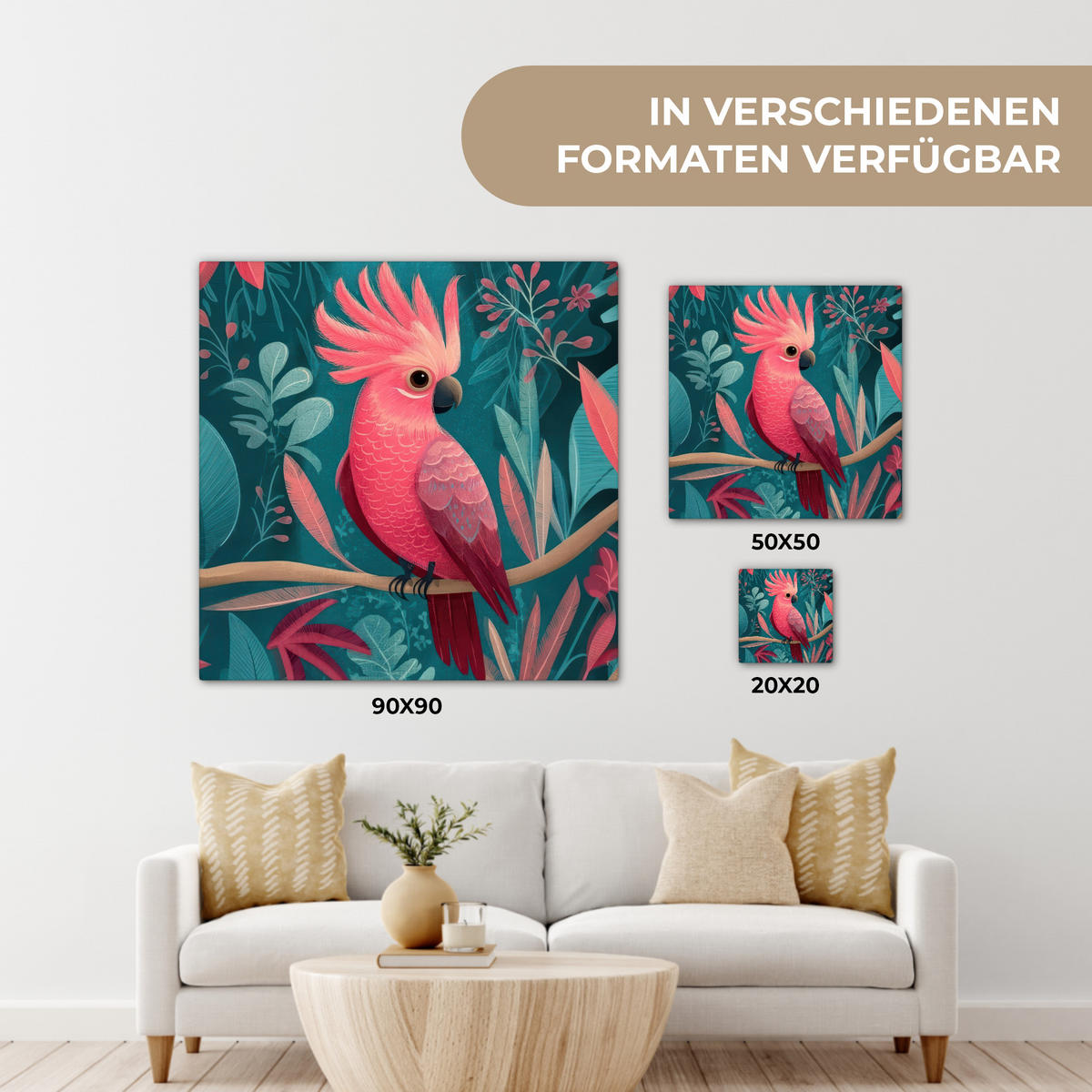 LEINWANDBILD Kakadu - Tropische Blätter - Zweig Wandbild Wohnzimmer 50x50 cm - Petrol, Textil (50/50cm) - MuchoWow