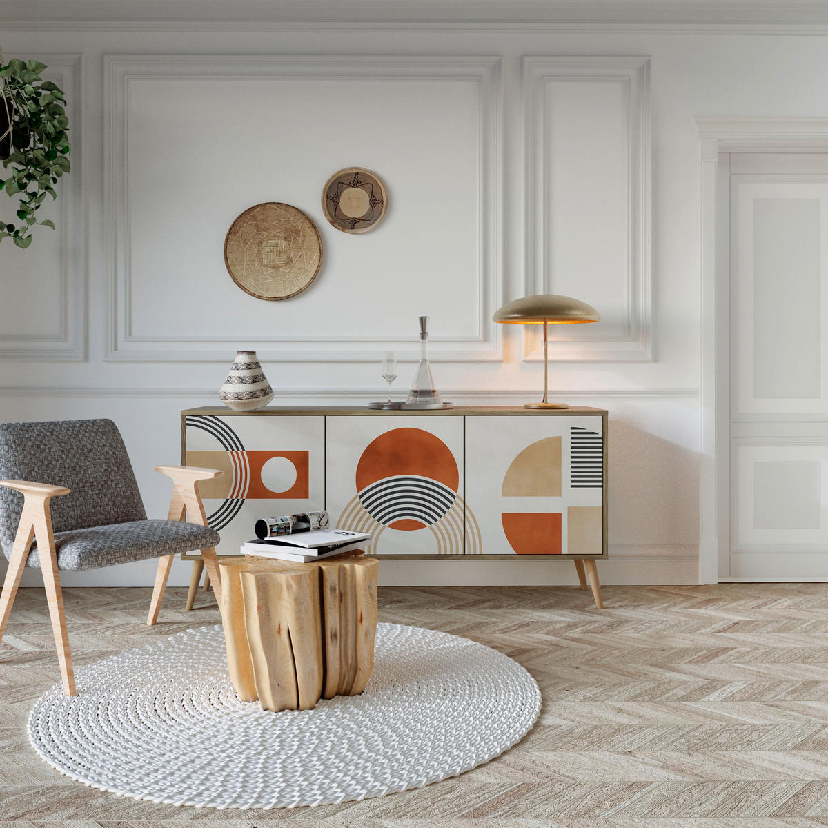 SIDEBOARD SPACE AROUND, Eicheneffekt, 164,5x42x77,5 cm, 3 Türen - Eichefarben/Buchefarben, Holzwerkstoff/Buchenholz (164.5/77.5/42cm) - SpaceRebels