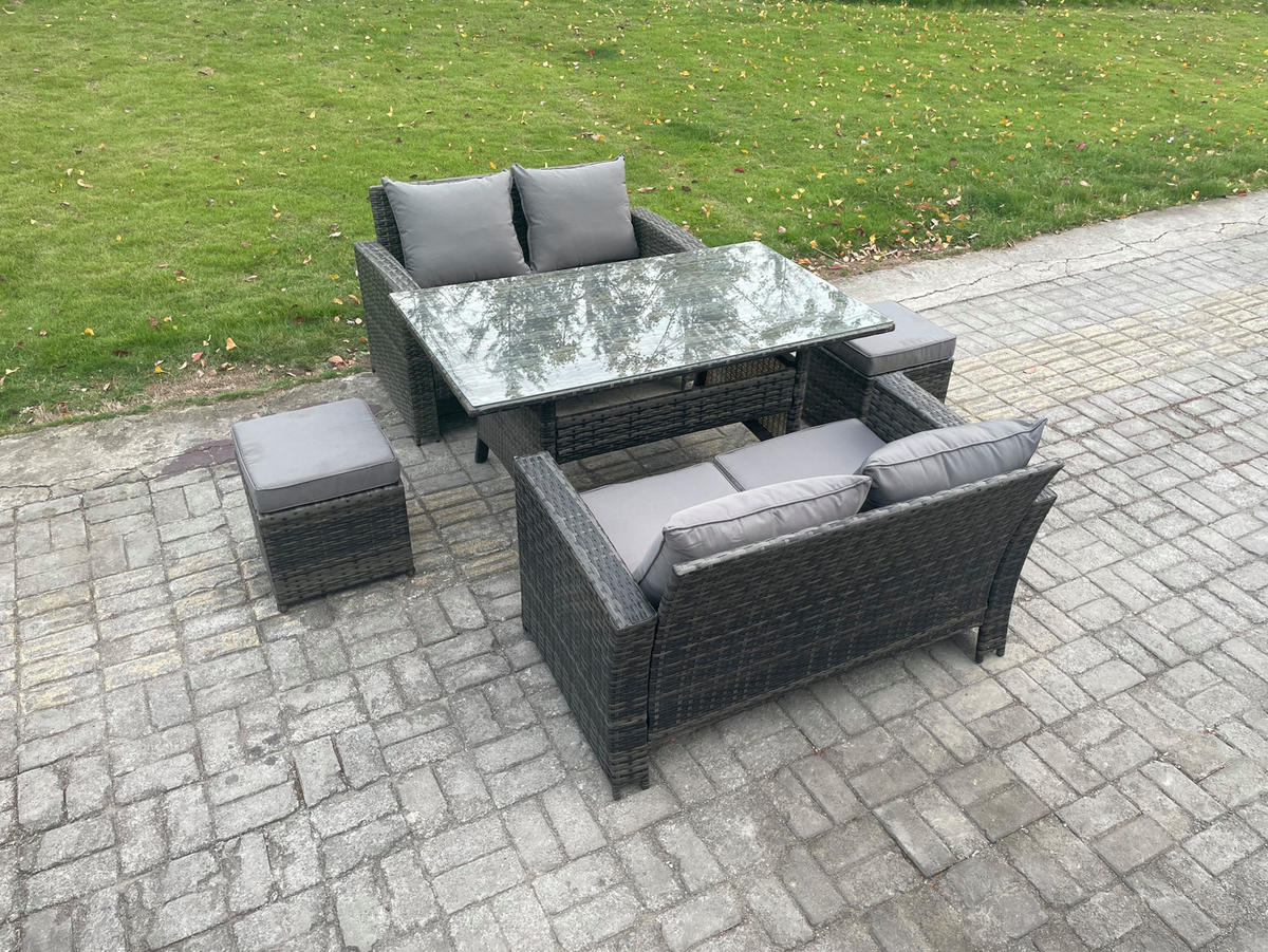 GARTENMÖBELSET mit 2-Sitzer Sofa,2 kleine Fußhocker,Esstisch,Beistelltisch Polyrattan Dunkelgrau 6-Sitzer - Dunkelgrau/Grau, Glas/Kunststoff - Fimous