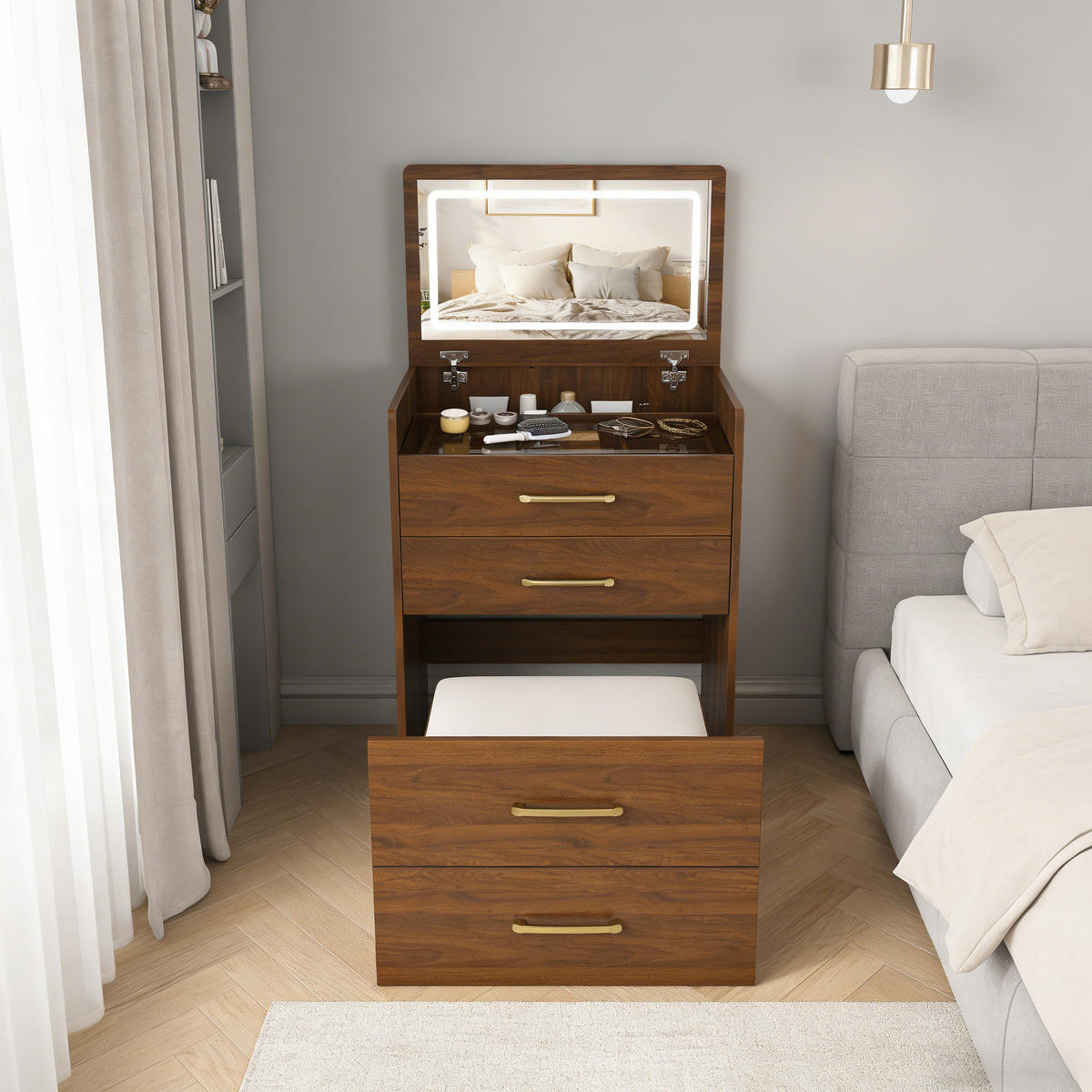 SCHMINKTISCH 40/60/118 cm walnussfarben aus MDF 3-in-1 mit Hocker - Weiß, Holzwerkstoff (40/118/60cm) - OKWISH