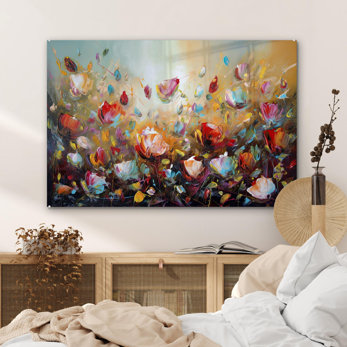 ACRYLGLASBILD Blumen - Kunst - Natur - Ölgemälde 90x60 cm - Multicolor, Glas (90/60cm) - MuchoWow