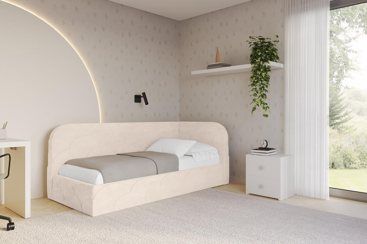 EINZELLBETT Jugendbett mit Bettkasten und Matratze H3/H4, Links - ELRY 90x200 Beige - Beige, Holzwerkstoff/Textil (90/200cm) - ALTDECOR