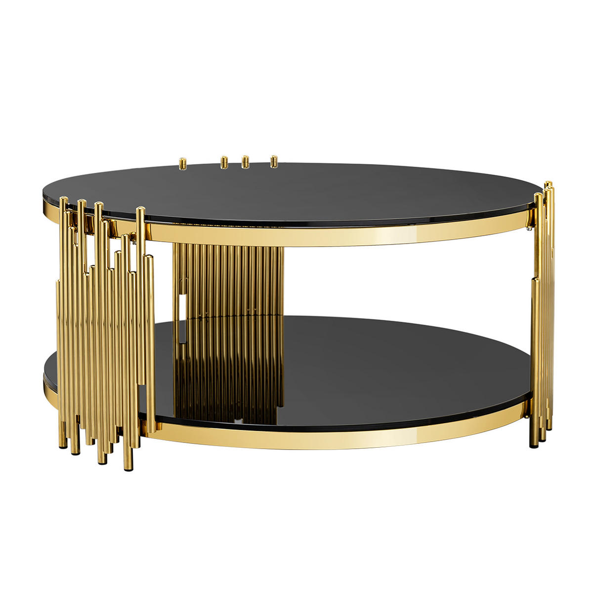 COUCHTISCH rund in Schwarz und Gold, Ø 80 cm, Doppelglas und Edelstahlgestell - Goldfarben, Metall (80/80/45cm) - Urban Meuble