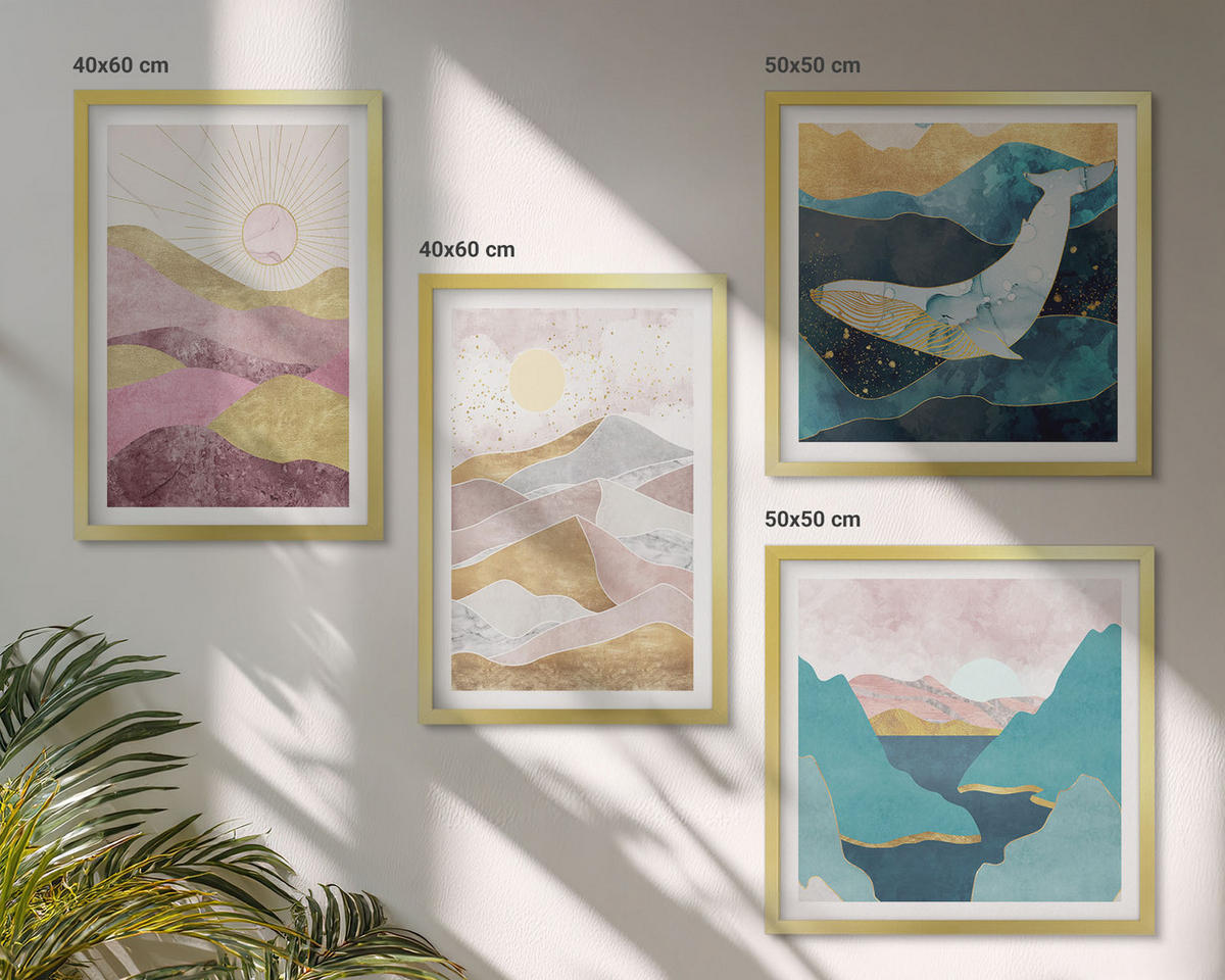 WANDBILDER 4er Set - 50x50 cm & 40x60 cm Goldrahmen - Abstrakte Berge Sonne - Goldfarben, Kunststoff (50/50cm) - ArtPrintCave