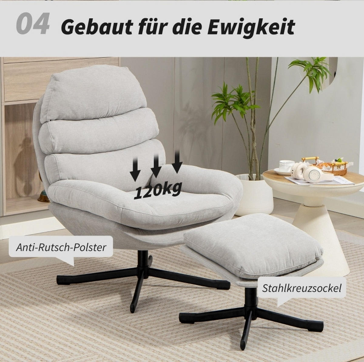 RELAXSESSEL 78/100/93 cm Cremeweiß aus Polyester mit Hocker - Creme, Textil (78/100/93cm) - OKMYHOME