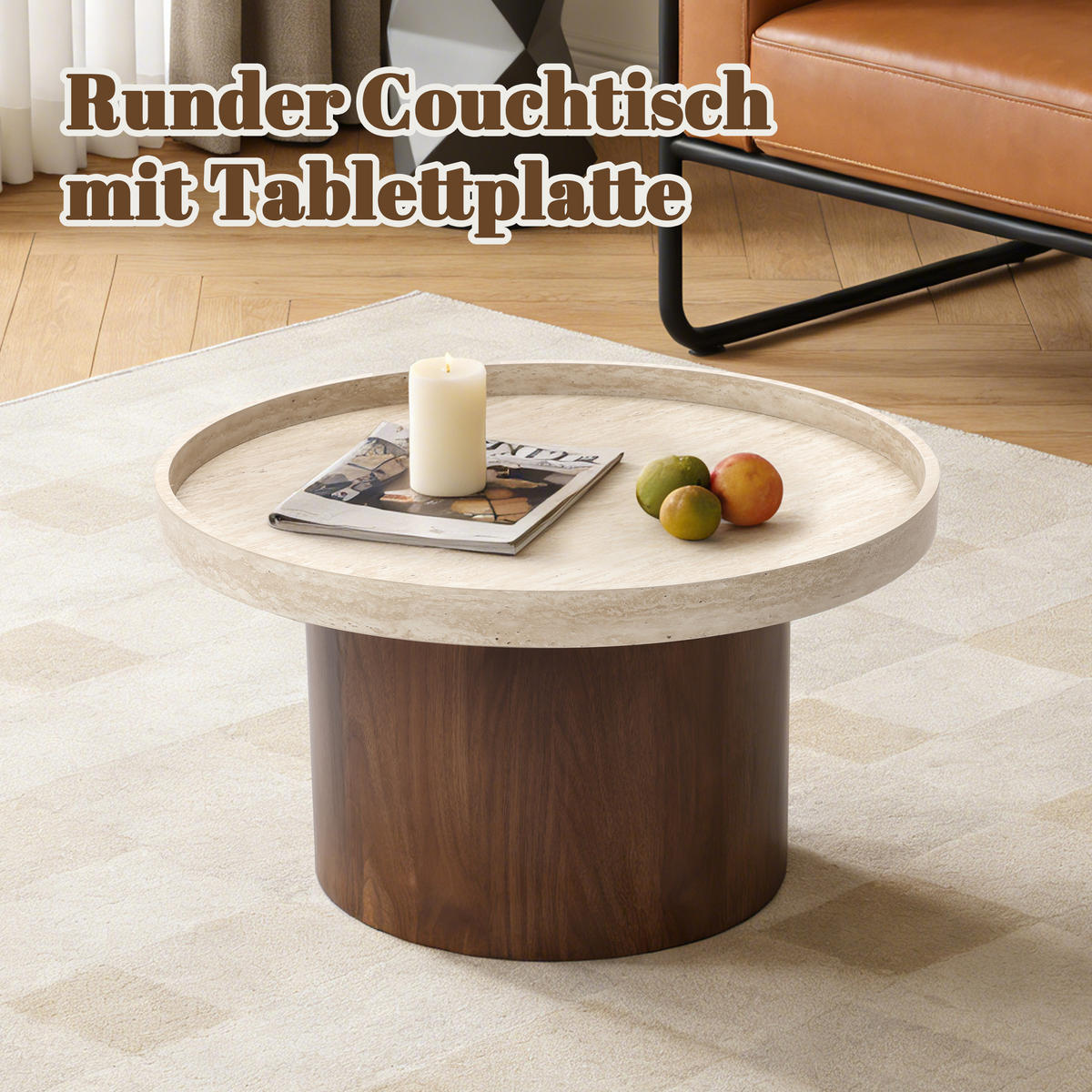 RUNDER Couchtisch mit Tablettplatte und braunem Gestell,Holzoptik | Ø60 x H34 cm - Braun, Holzwerkstoff (60/60/34cm) - Hometopia