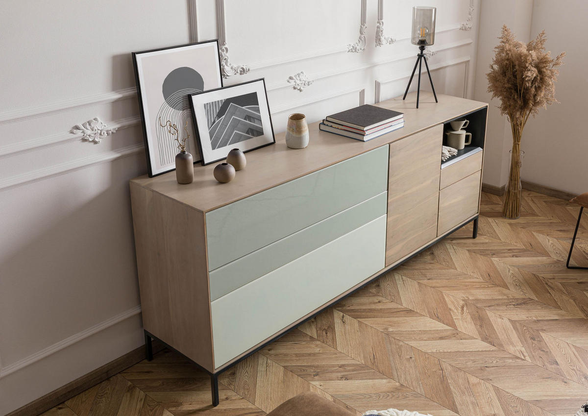 SIDEBOARD Akazie 200x45x85 grau-weiß geölt CHICAGO #05 - Braun, Holz (200/85/45cm) - Massivmoebel24