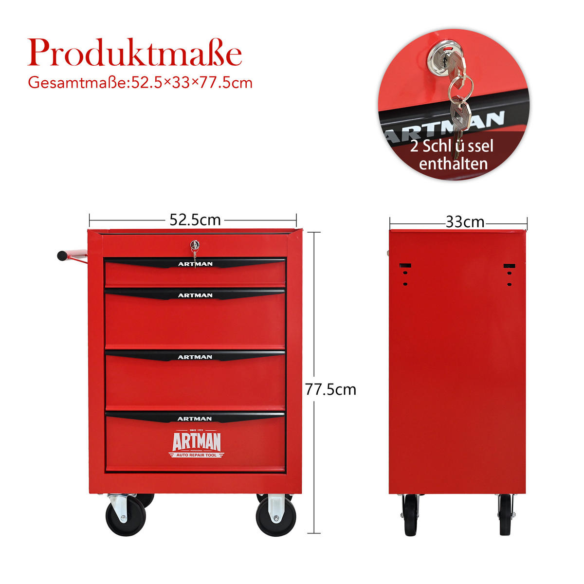KOMBINATIONSKOFFER – Einheit mit 4 Schubladen, 508 mm (20 Zoll), ausgestattet mit 4 Schubladen, Farbgebung in Rot und Schwarz. - Multicolor, Metall (33/77.5/60cm) - DCA
