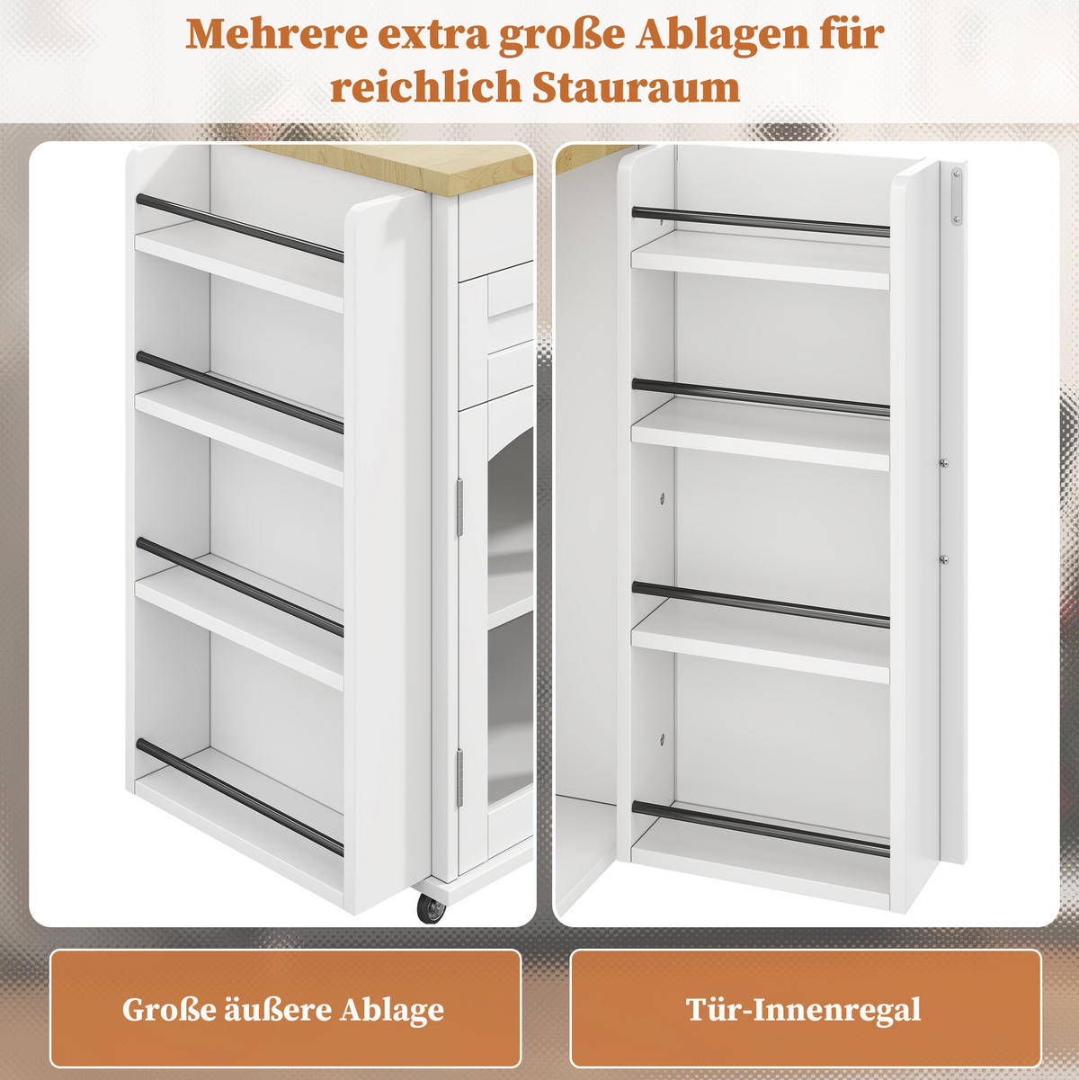 KÜCHENINSEL aus MDF 120x45(70)x90 cm Natur/Weiß mit klappbarer Arbeitsplatte, Glastüren, Schubladen und 5 Rollen - Naturfarben, Holzwerkstoff (138/90/70cm) - Modfu