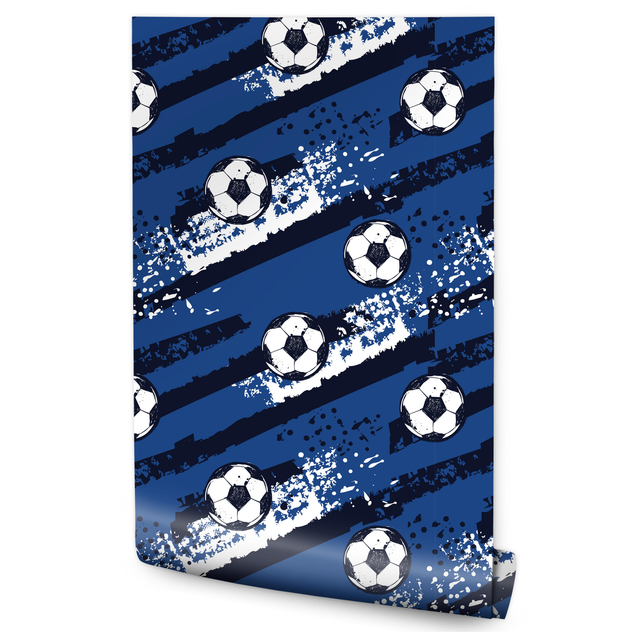 VLIESTAPETE Fußbälle und Farbspuren – Blau, Schwarz, Weiß – 50x1000 cm - Blau/Schwarz, Papier (50/1000cm) - Muralo