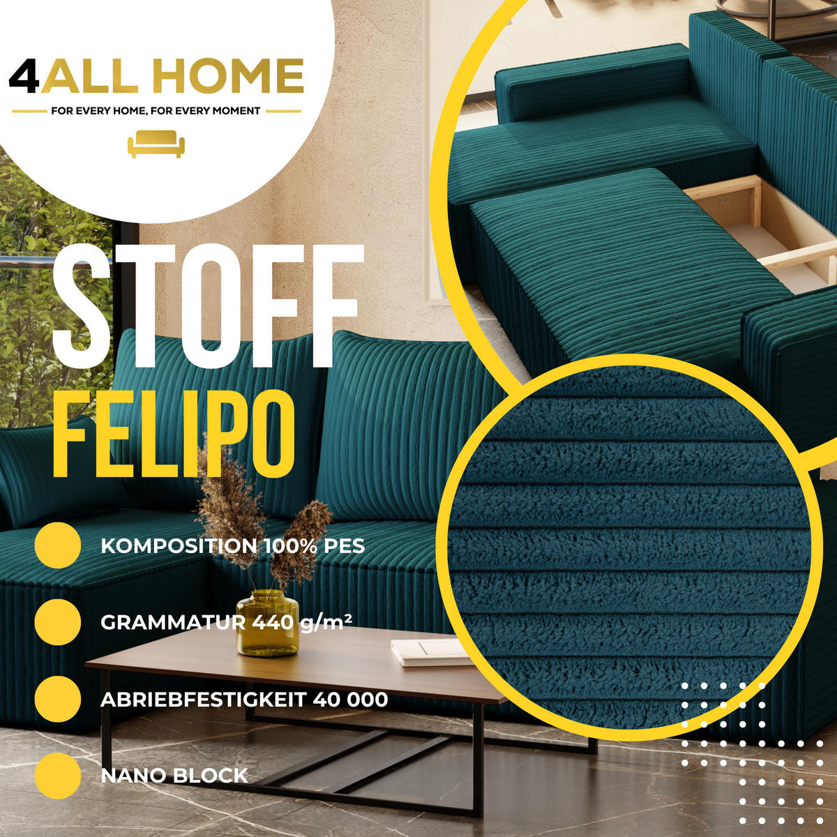 ECKSOFA Tobi mit Bettkasten und Schlaffunktion, L-Form/XL-Form, Cordstoff, Universal - Blau, Holzwerkstoff (246/145cm) - 4ALL HOME