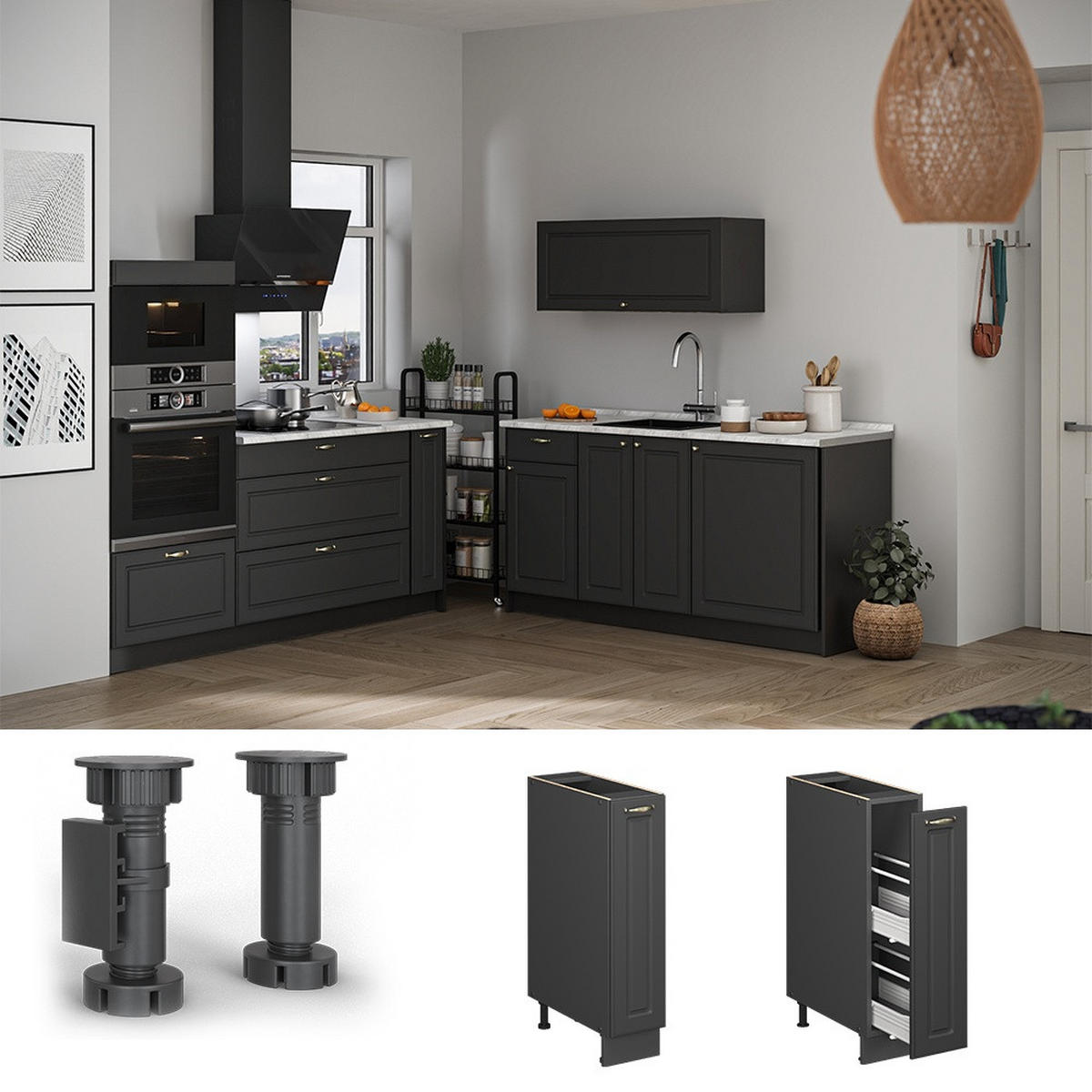 APOTHEKERSCHRANK Fame-Line, Anthrazit-Gold Landhaus/Anthrazit, 20 cm, AP Marmor - Anthrazit, Holzwerkstoff (20/82/60cm) - Vicco