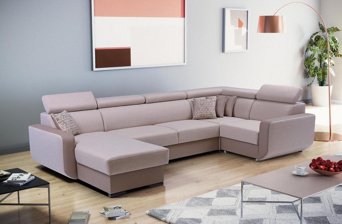 WOHNLANDSCHAFT PALAZZO Beige Geflochtener Stoff mit Schlaffunktion - Beige, Holz (337/97/184cm) - MASSENO