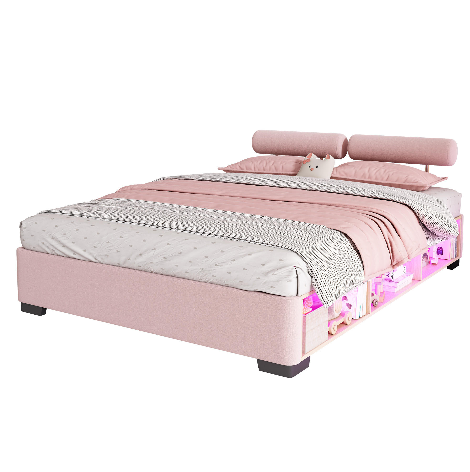 POLSTERBETT Rosa 140/200 cm mit LED und Stauraumfächern ohne Matratze - Pink, Textil (140/200cm) - MIVRAY