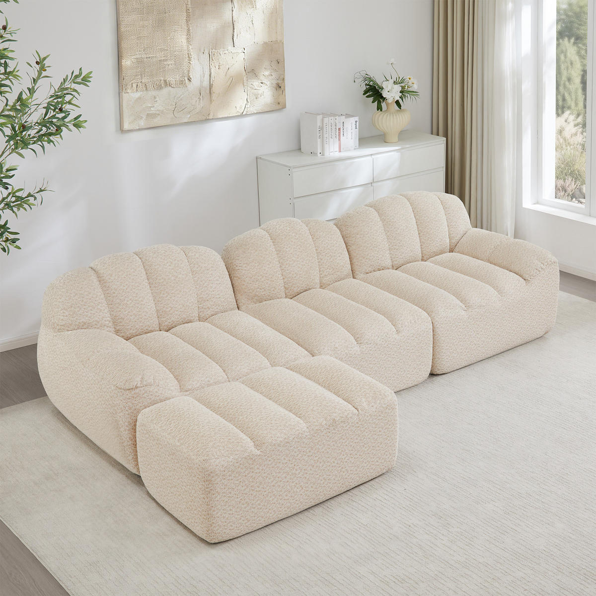 ECKSOFA 3-Sitzer Granulierter Fleece Beige & Weiß - Beige, Textil (288/165cm) - WISHDOR