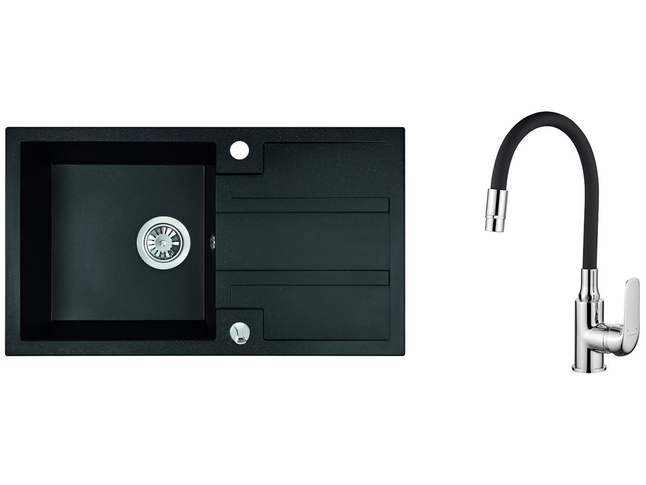 SPÜLEN-SET Barbados Schwarz, 3-teilig, Einzelbecken, mit Armatur, 44/76/19,4 cm - Schwarz, Stein (44/19.4/76cm) - bad land