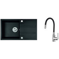 SPÜLEN-SET Barbados Schwarz, 3-teilig, Einzelbecken, mit Armatur, 44/76/19,4 cm - Schwarz, Stein (44/19.4/76cm) - bad land