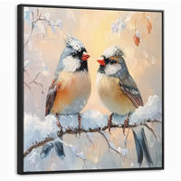LEINWAND Bilder mit Rahmen - Vögel - Zweig - Winter - Schnee - 90x90 - Pastellblau, Textil (90/90cm) - MuchoWow