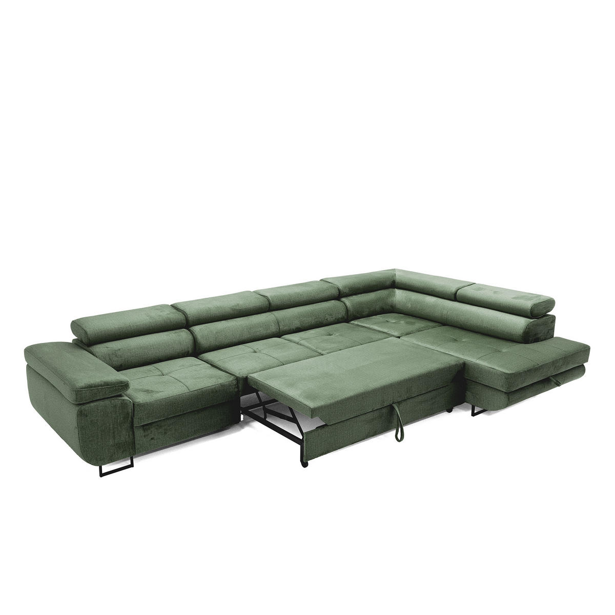 ECKSOFA WILD MAXI L Rechts mit Schlaffunktion 125x195 Velours Dunkelgrün - Chromfarben/Dunkelgrün, Holz/Textil (203/350cm) - Muffo