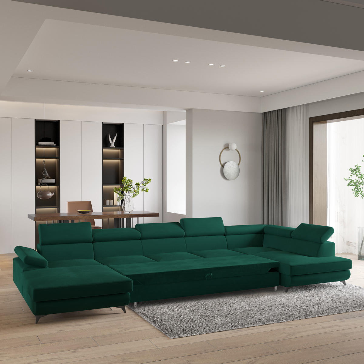 WOHNLANDSCHAFT MONTIVA Grün Velours-Stoff mit Schlaffunktion - Grün, Holz (410/89/190cm) - MASSENO