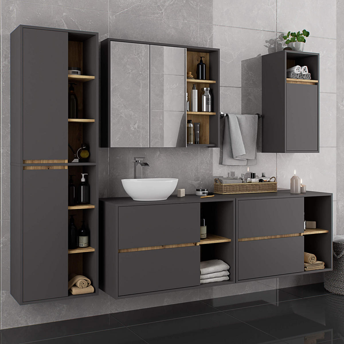 BAD HOCHSCHRANK Vami Grau, Eiche Artisan - Eiche Artisan/Grau, Holzwerkstoff (50/170/30cm) - Akord
