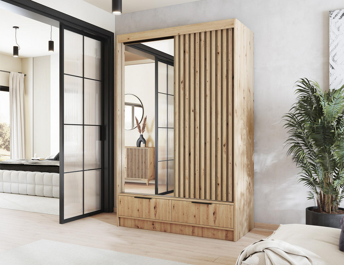SCHIEBETÜRENSCHRANK - Schrank Yoga 120 mit Spiegel - Eiche Artisan - Schwarz/Eiche Artisan, Holzwerkstoff/Metall (120/204/60cm) - Möblo