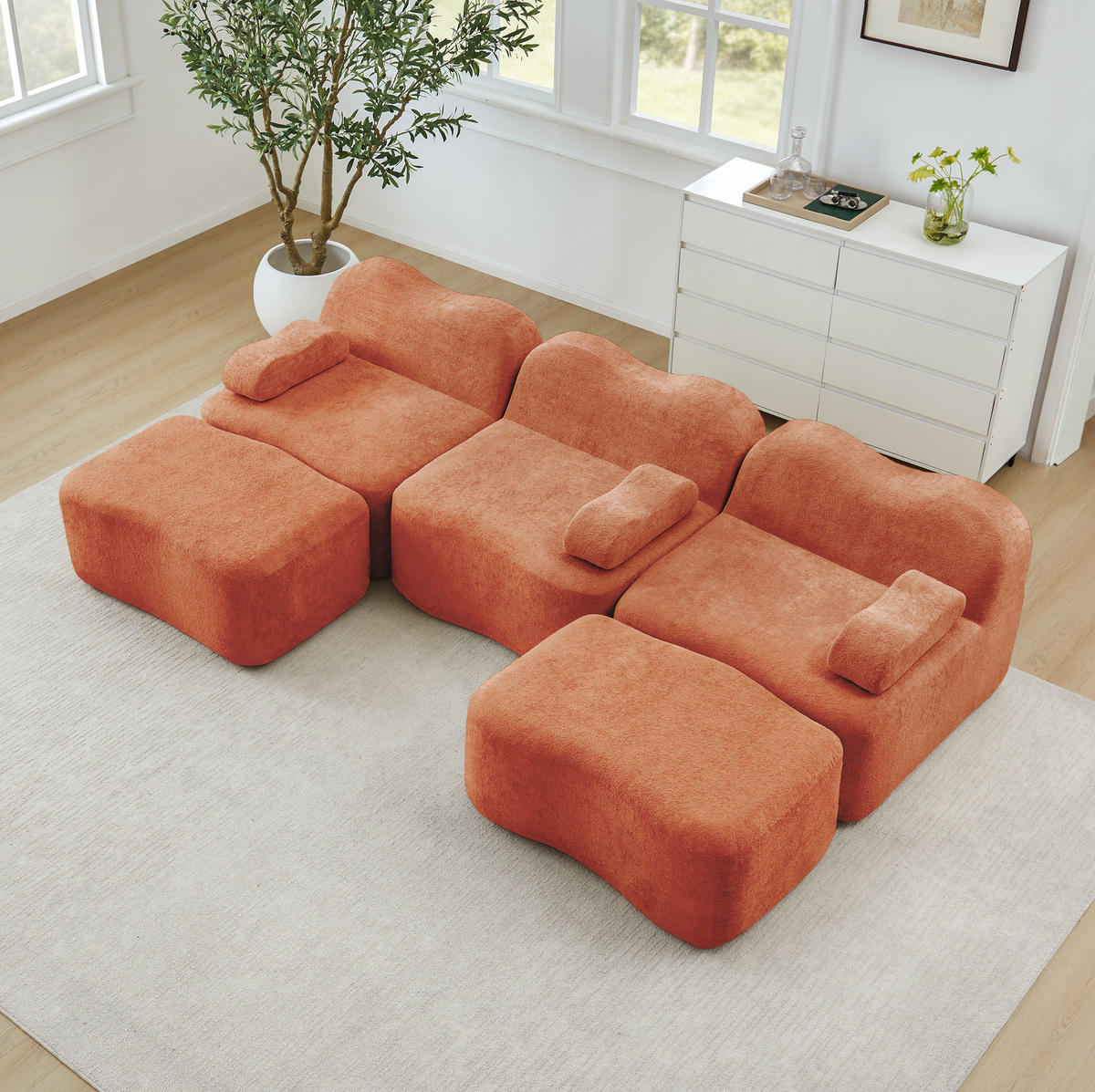 ECKSOFA 288/167/70 cm modular Orange aus Samt mit tiefer Sitzfläche und 2 Hockern - Orange, Textil (167/288cm) - OKWISH