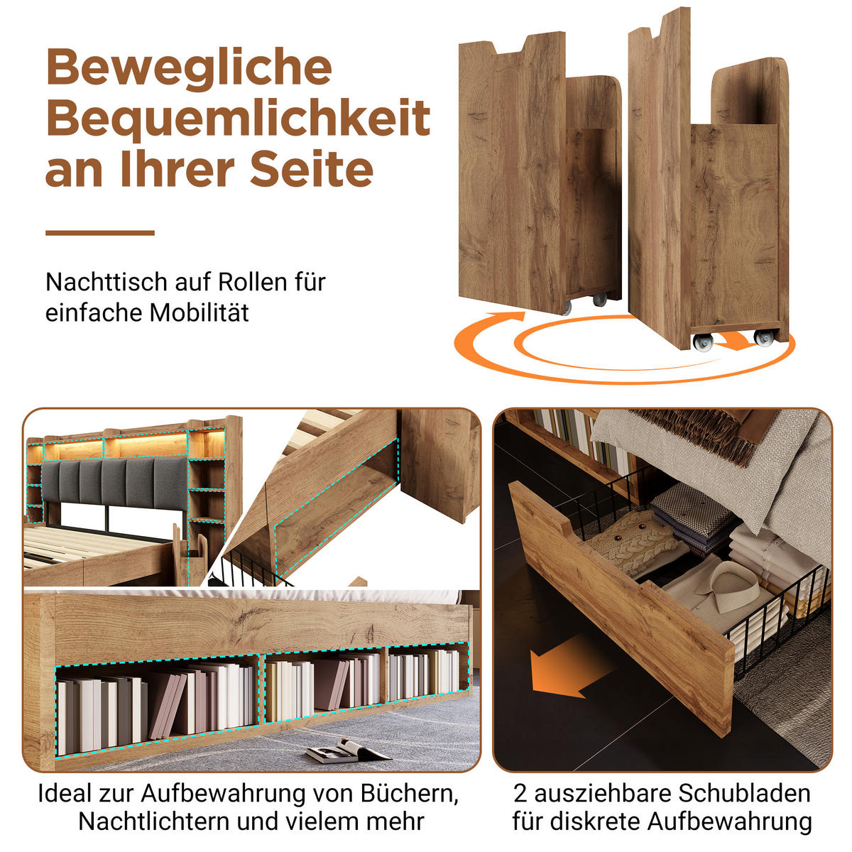 BETT 180/200 cm in Eichefarben mit Schubladen, Regal, LED, USB und Type-C Holzoptik - Eichefarben/Grau, Holzwerkstoff/Textil (180/200cm) - STILVORA