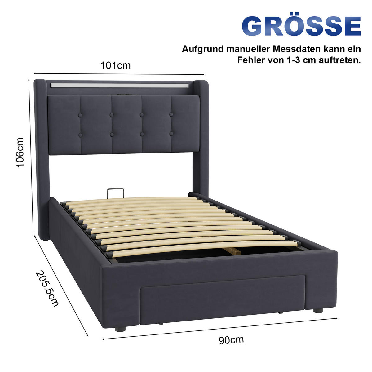 POLSTERBETT 90/190 cm, in Grau, Samt, mit Bettkasten, USB, LED, Stauraum und Schubladen, ohne Matratze - Grau, Holzwerkstoff/Textil (90/190cm) - WISHDOR